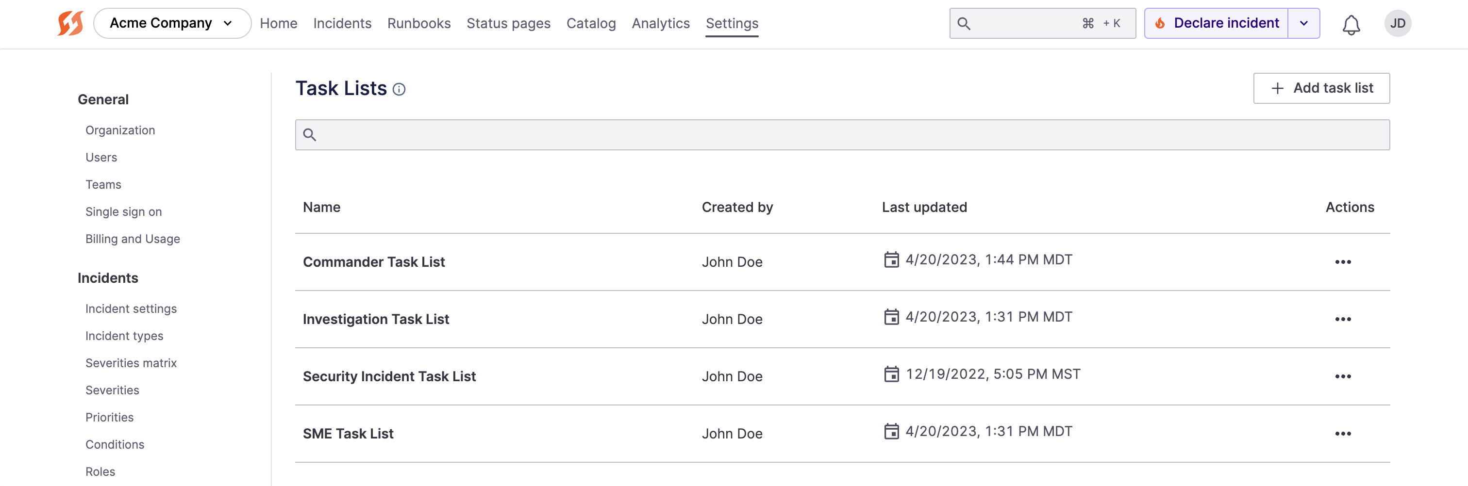 Example predefined Task Lists