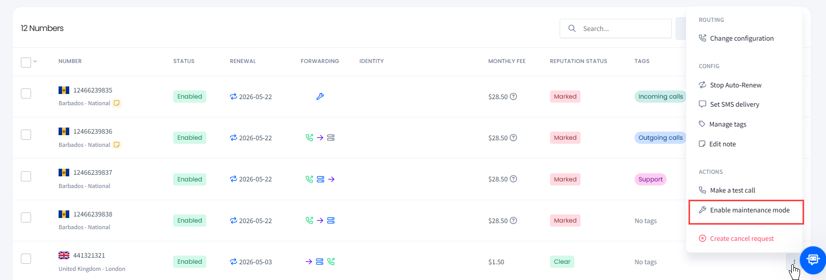 Screenshot of the Enable maintenance mode action