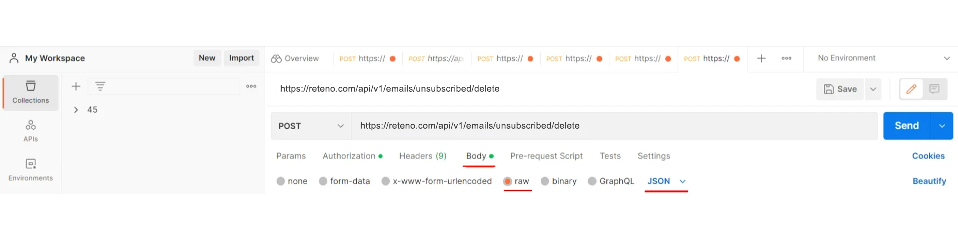 Postman request panel with the Body tab highlighted and raw and JSON format options underlined