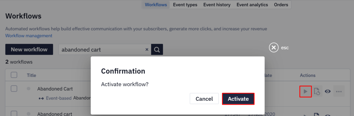 Activate icon for launching the workflow