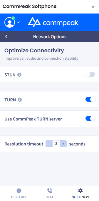 Screenshot of enabling TURN protocol settings using CommPeak TURN server
