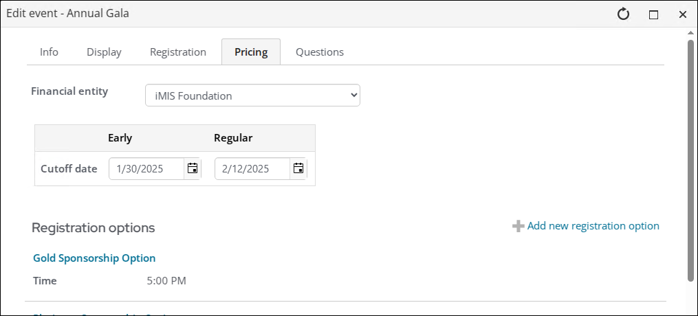 Event Pricing tab financial entity