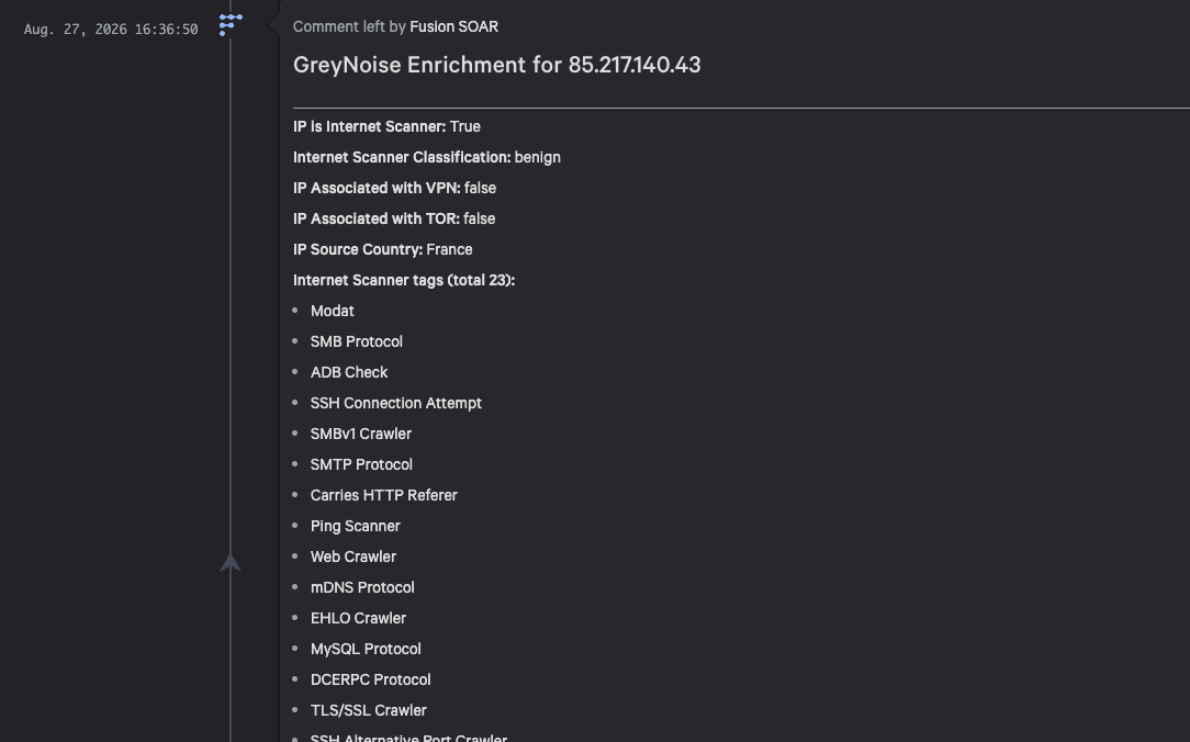 NG-SIEM case updated with GreyNoise enrichment results