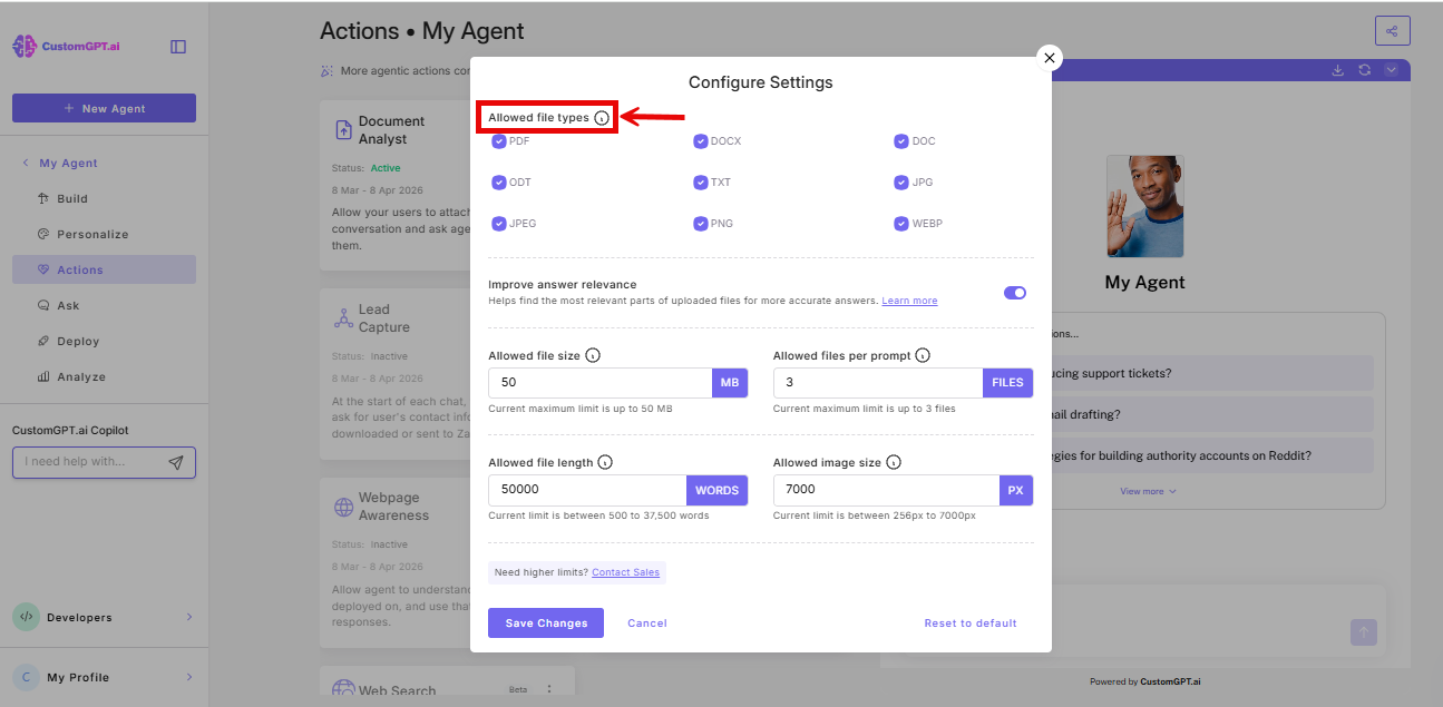 Screenshot: allowed files option in configure settings modal of Document Analyst agentic action
