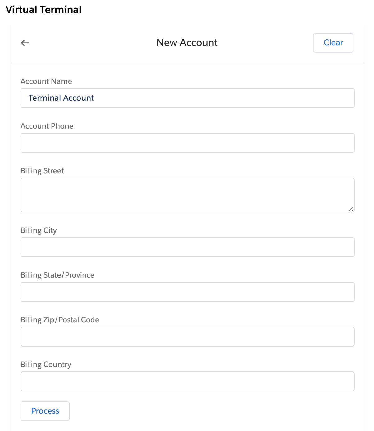New account record screen - Virtual terminal