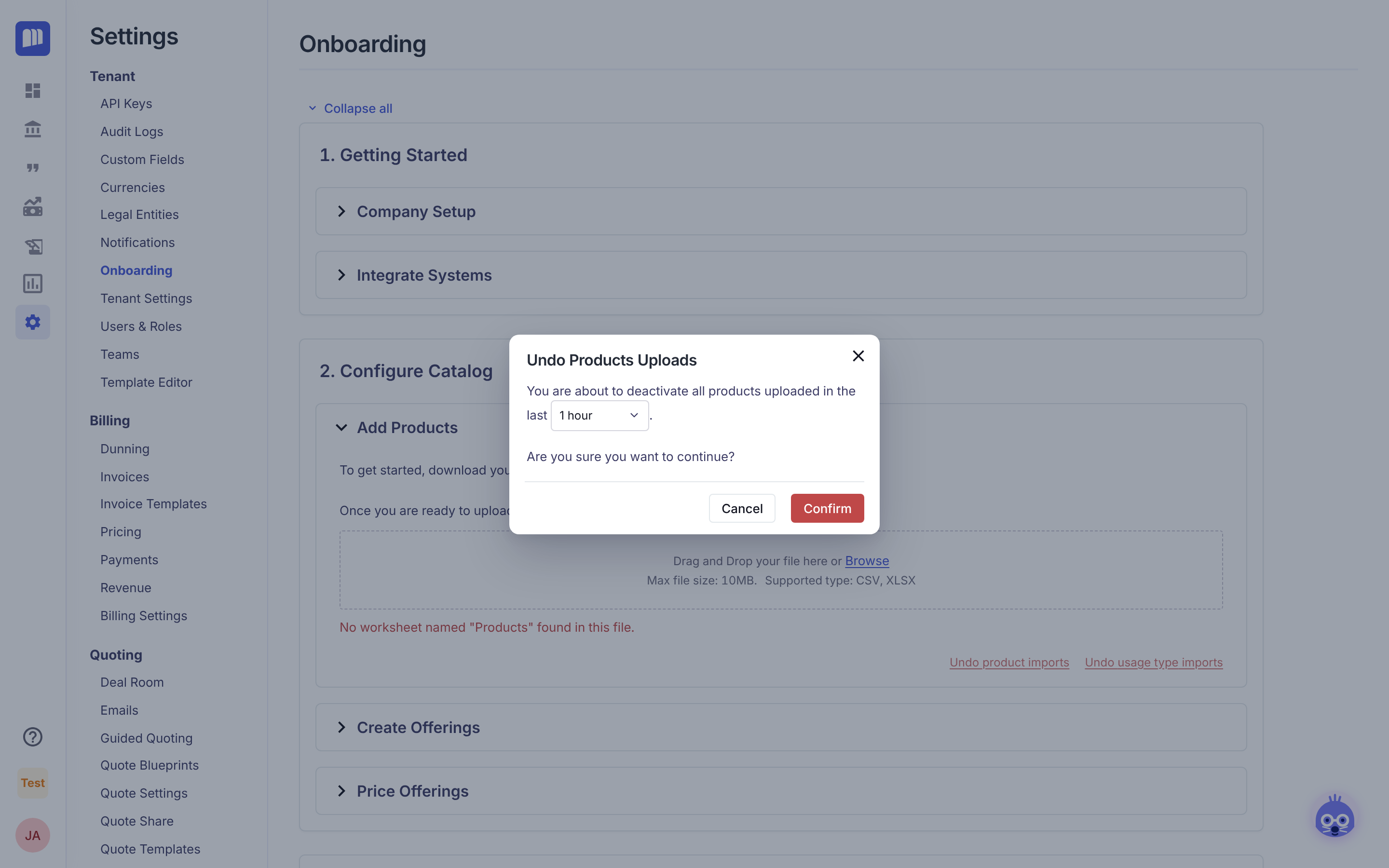 Undo Products Uploads dialog with the time window dropdown