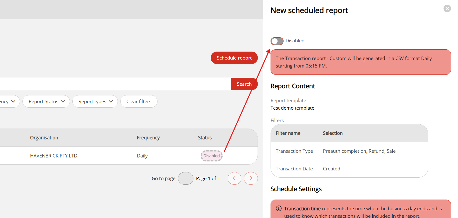 A disabled scheduled report in the list in the dashboard with the toggle showing Disabled in the dashboard.