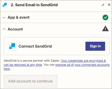 Screenshot of the **Send Email in SendGrid** event dialog: **Account** step