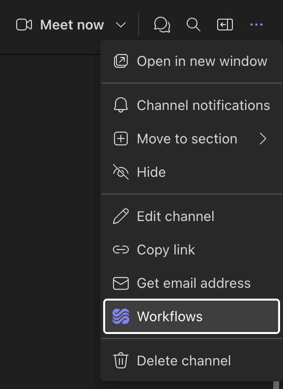 More options menu in a Teams channel with Workflows highlighted