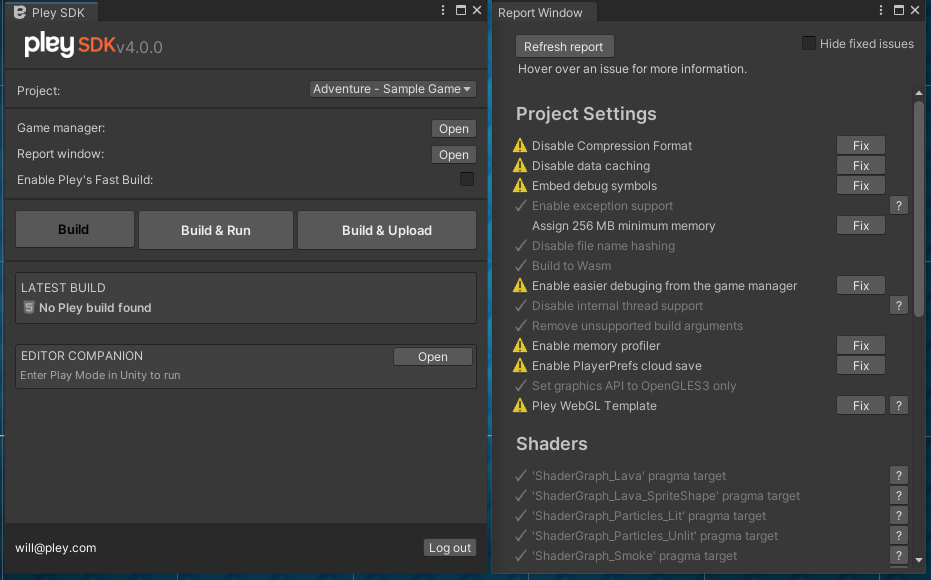 The SDK Report window will automatically detect and one-click fix optimal settings for WebGL porting.