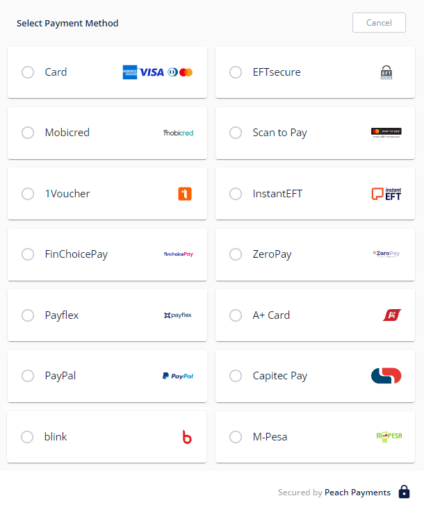 Example Checkout screen; note that not all payment methods are available in all regions or for all currencies.
