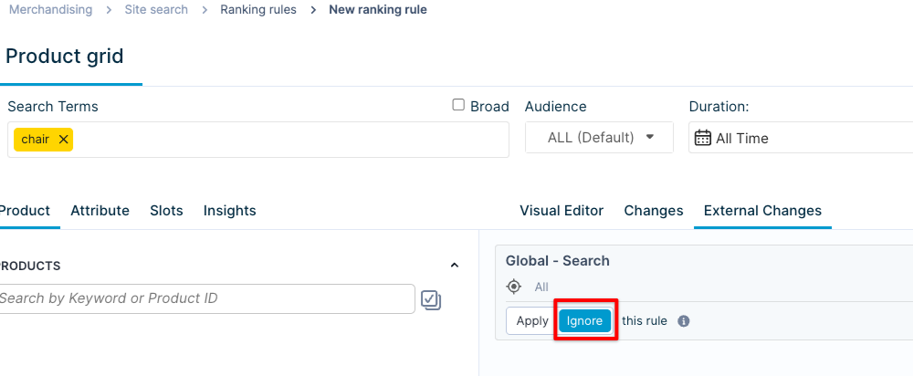 The External Changes tab on a query-level ranking rule, with the toggle set to Ignore for a global rule.