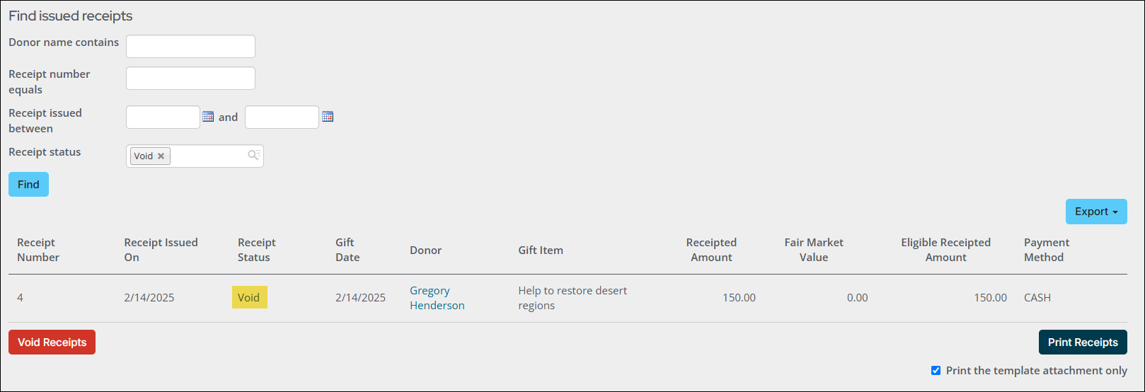 Issued receipt with a status of void