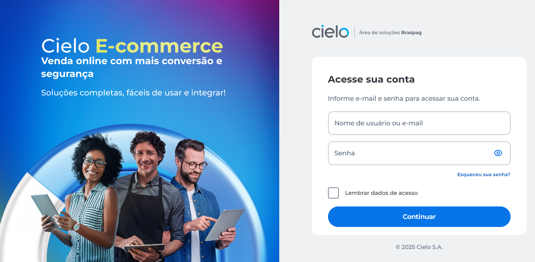Banner promocional do Cielo E‑commerce com três pessoas usando dispositivos digitais e, ao lado, tela de login da área de soluções Braspag com campos de acesso e botão “Continuar”.