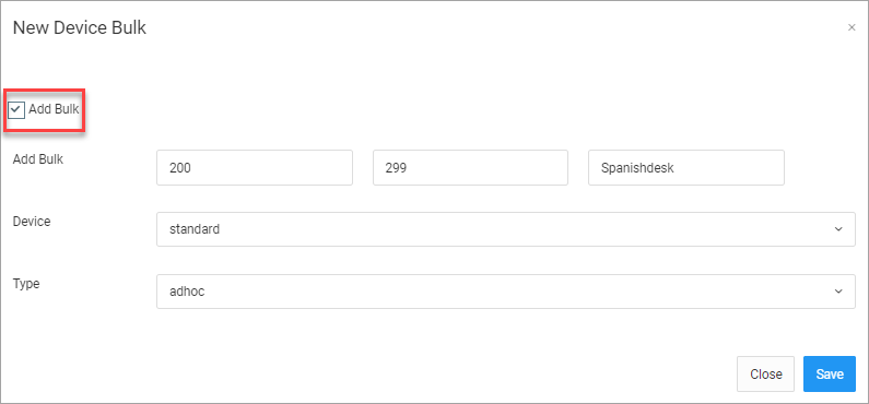 Screenshot of the **New Device Bulk** form