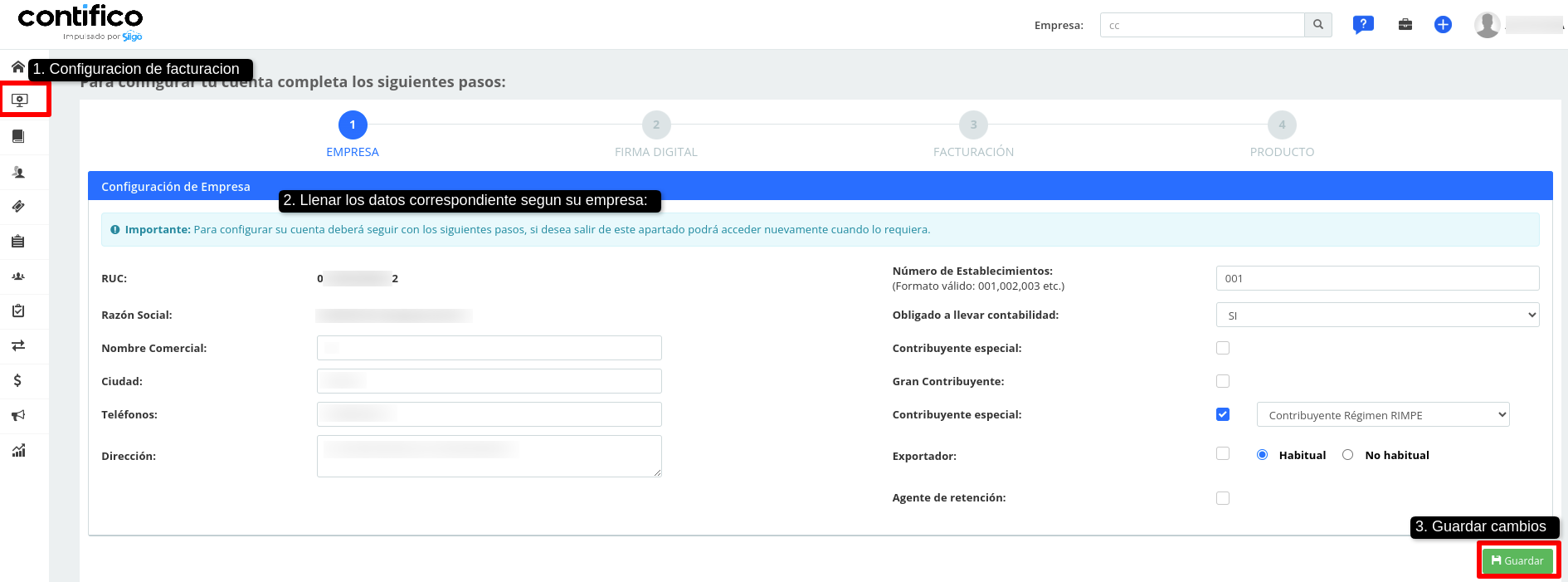 Contifico datos empresa