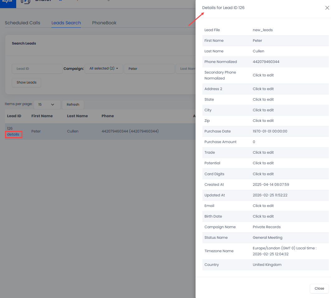 Screenshot with the lead details pop-up