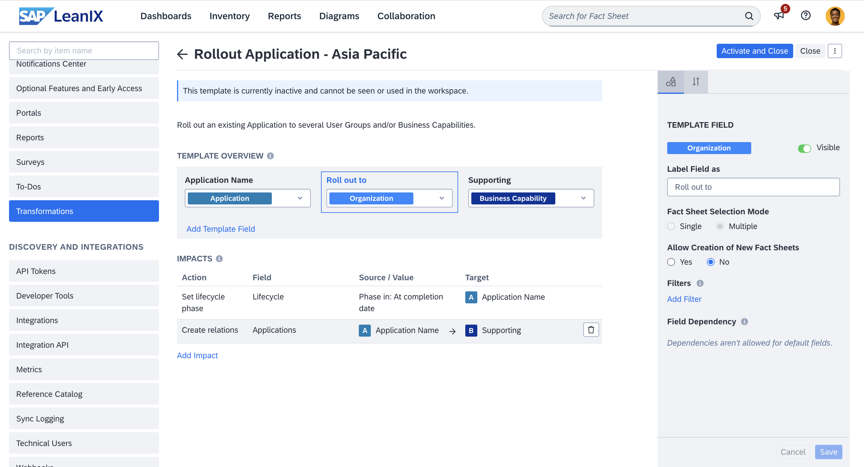 Configuring Transformation Template in Admin Settings