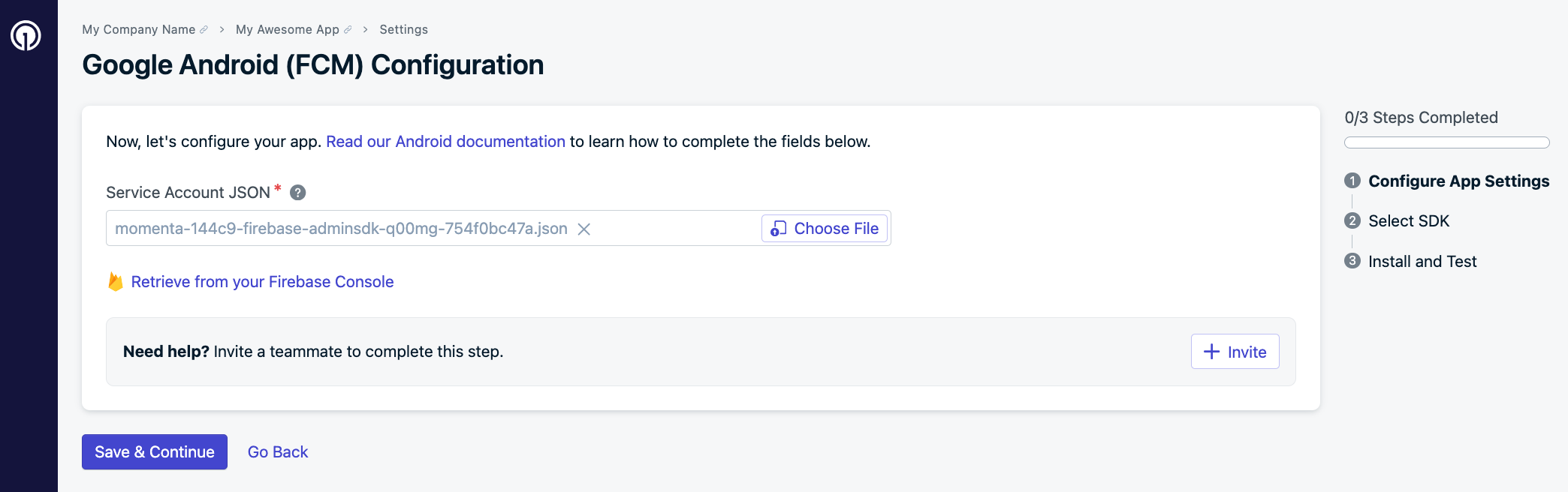 FCM configuration screen 