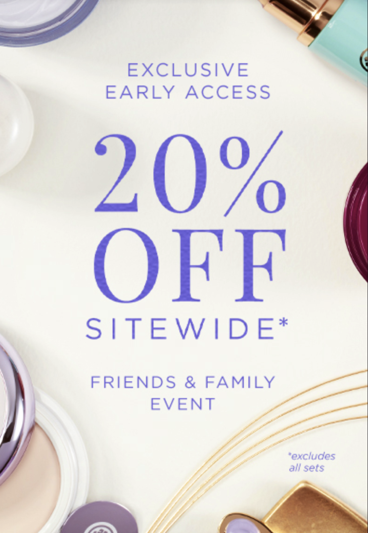 A 20% off Friends and Family program offer graphic from the brand Tatcha