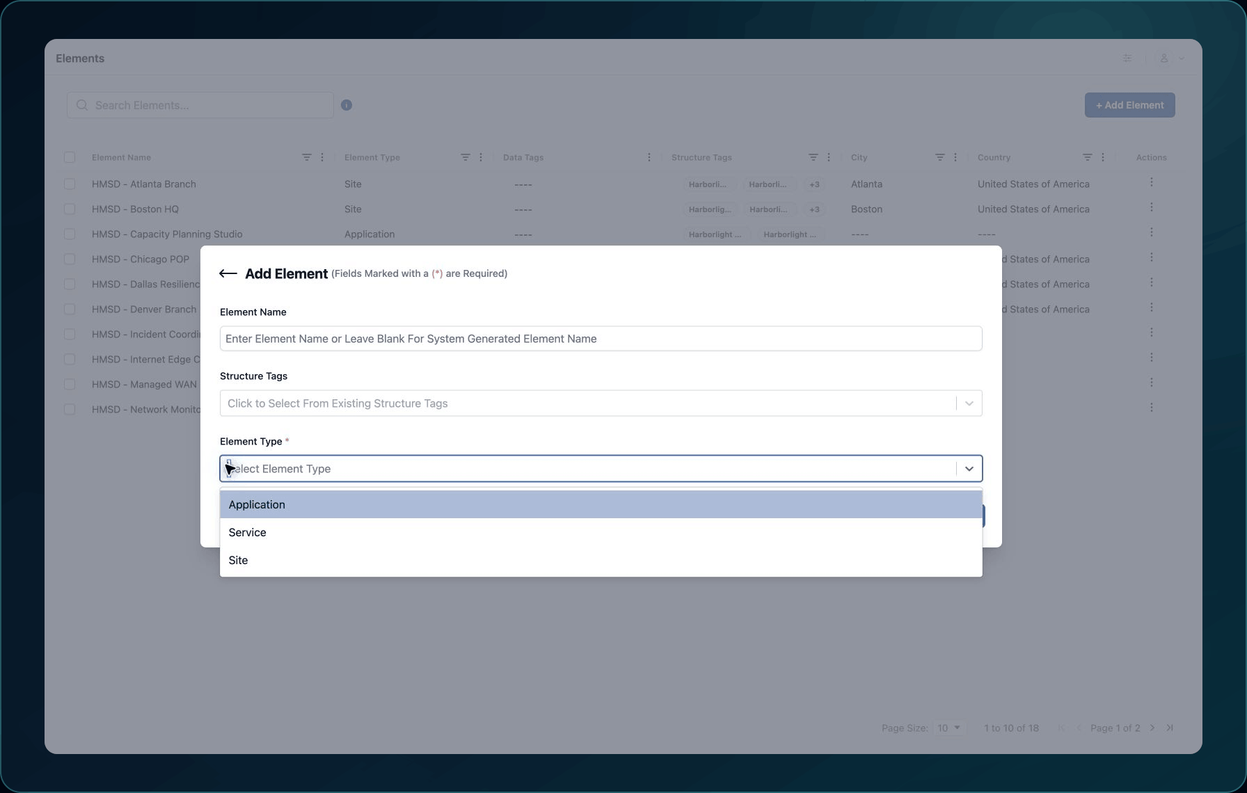 Add Element form showing Application, Service, and Site as the available Element Type choices.