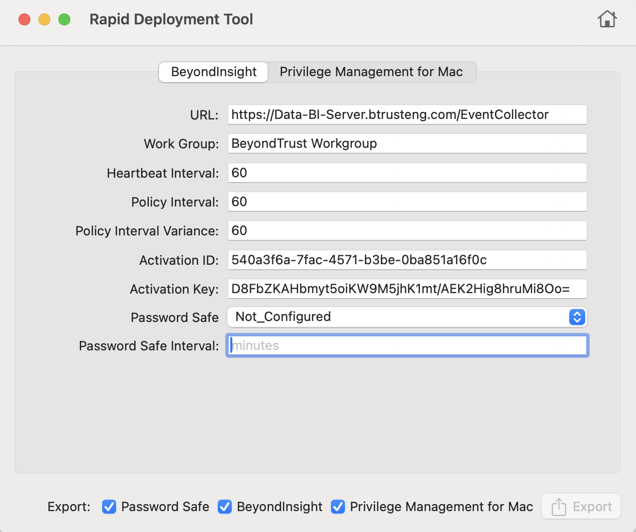 BeyondInsight configuration settings in the Rapid Deployment Tool