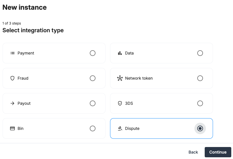 A screenshot showing Dispute selected as the integration type.