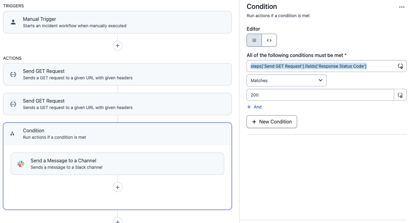 Workflow Condition with Two Actions, Both Named `Send GET Request`