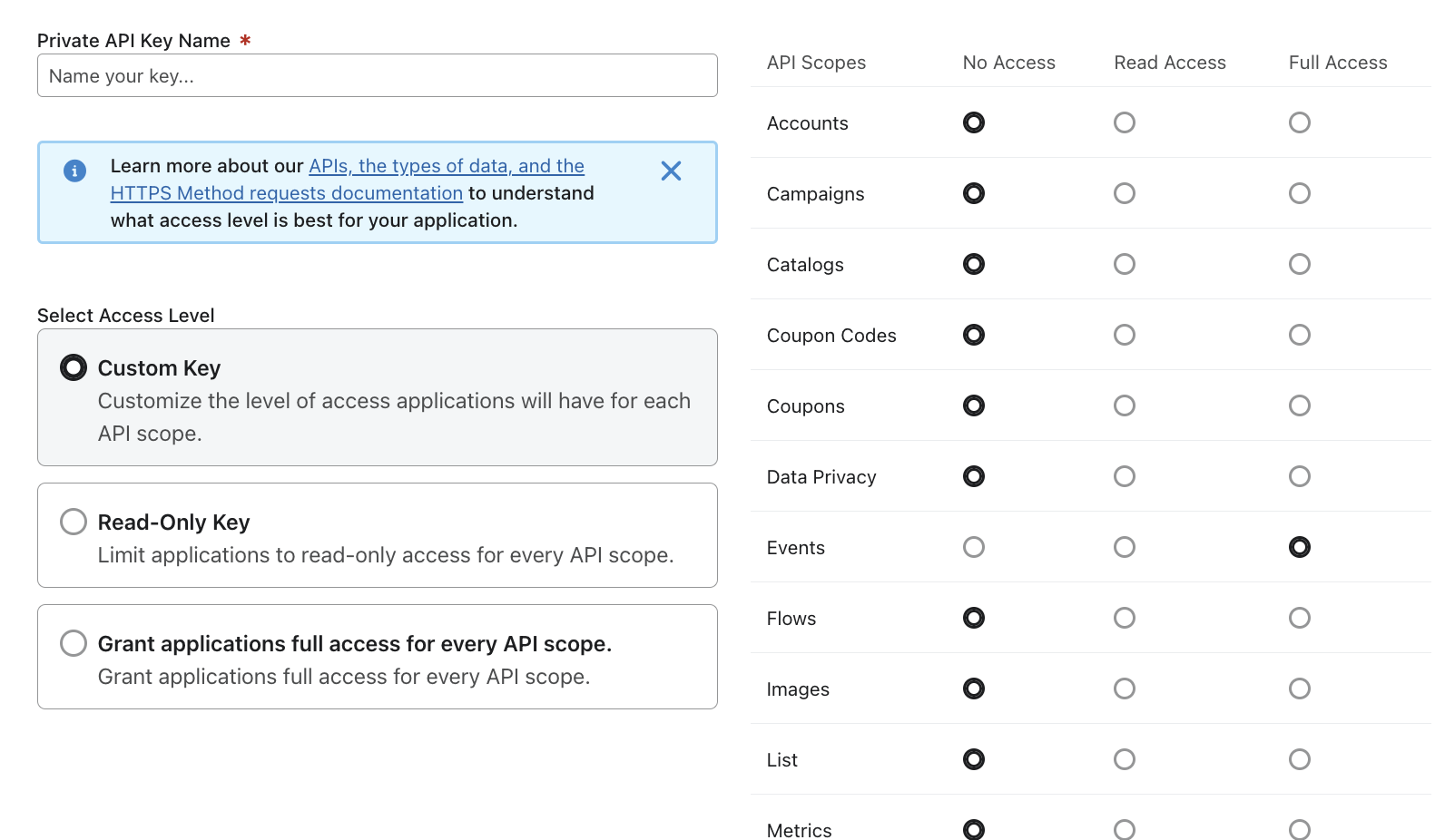 Make sure you select "Full Access" for the Events scope