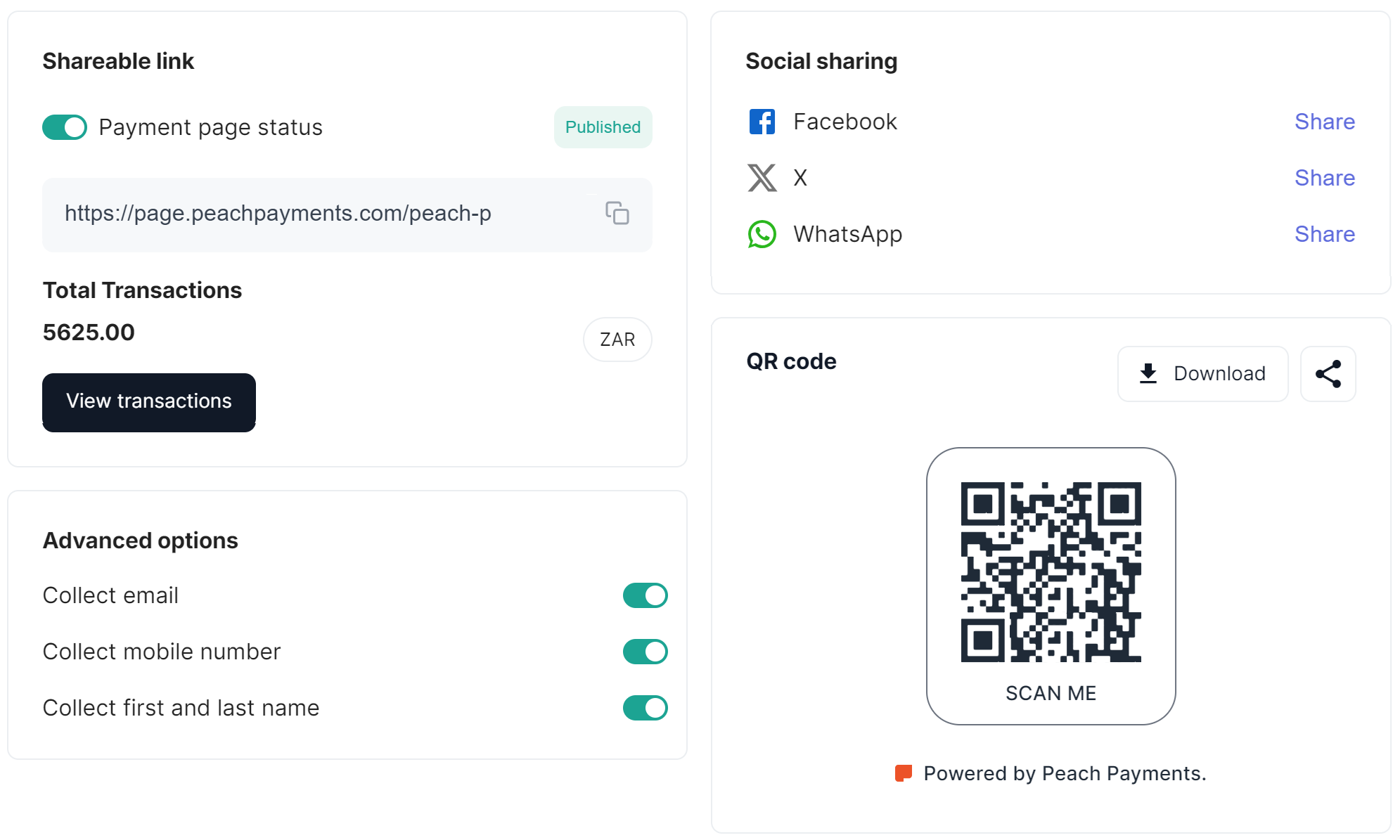 Payment Page sharing options.