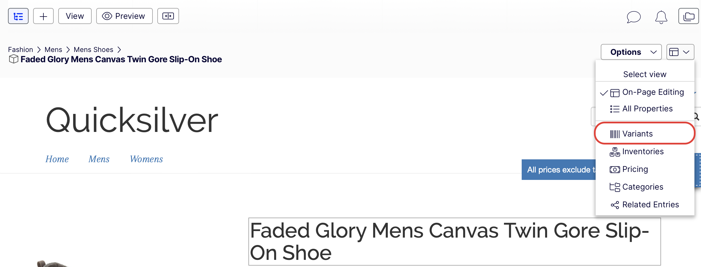 Screenshot of the Variants view under Select view, where variants can be reordered.