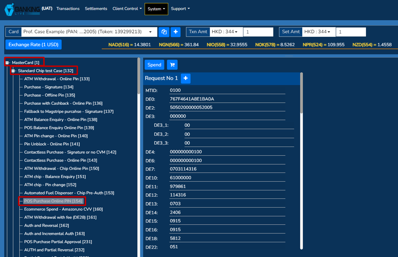 Test screen: selecting transaction message to test