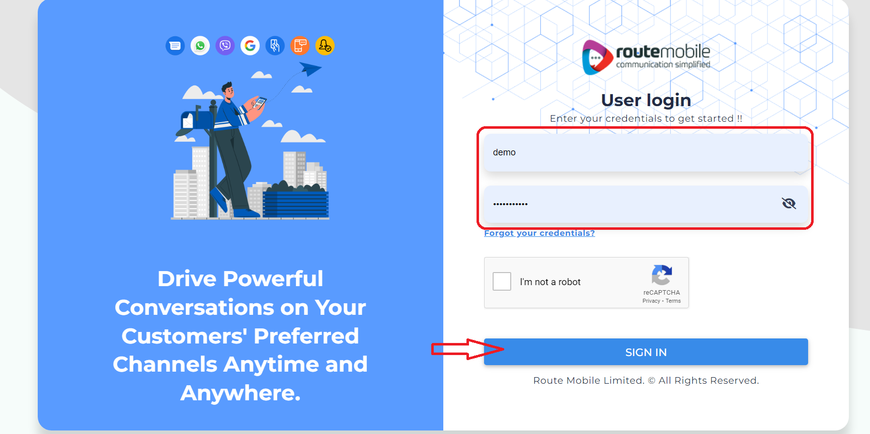 Login screen with username, password, and Sign In button