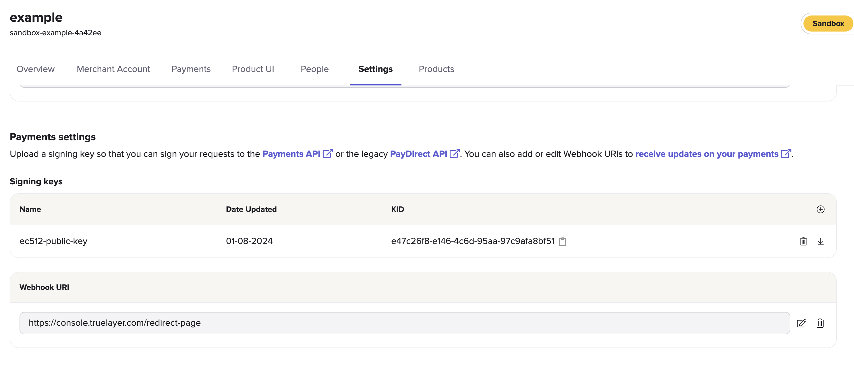 The Payments settings section of the Settings tab in Console, with example Webhook URI.