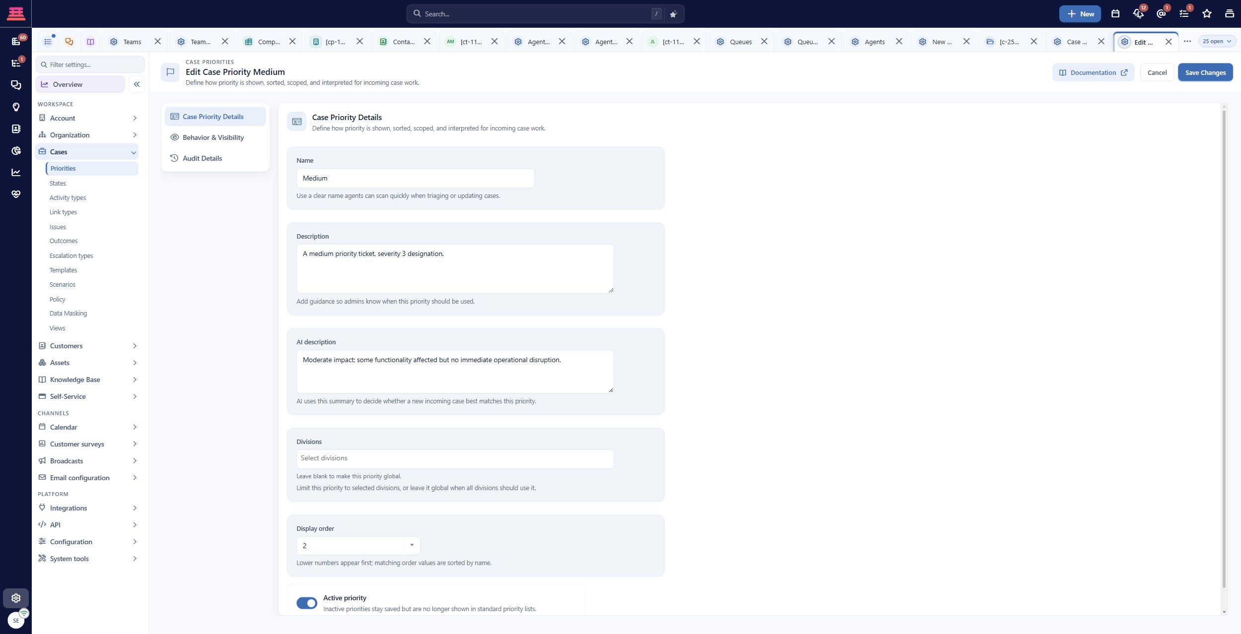Existing saved Medium priority: description, AI description, division scope and display order. These demo values are examples.