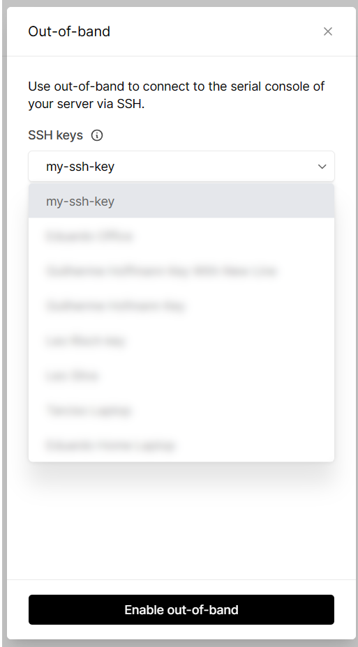 SSH Key menu on the Out of Band sidebar.