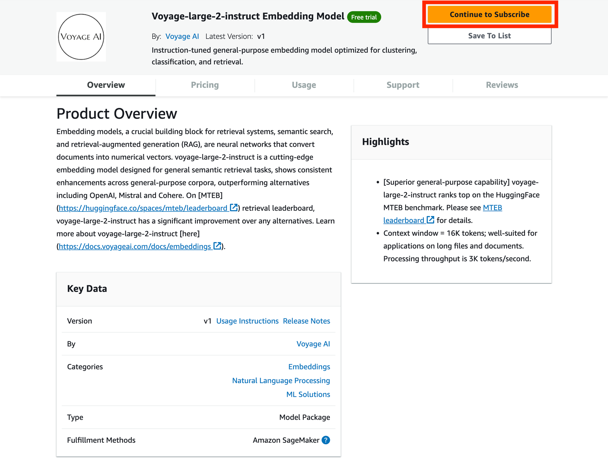 Voyage AI model package AWS marketplace continue to subscribe