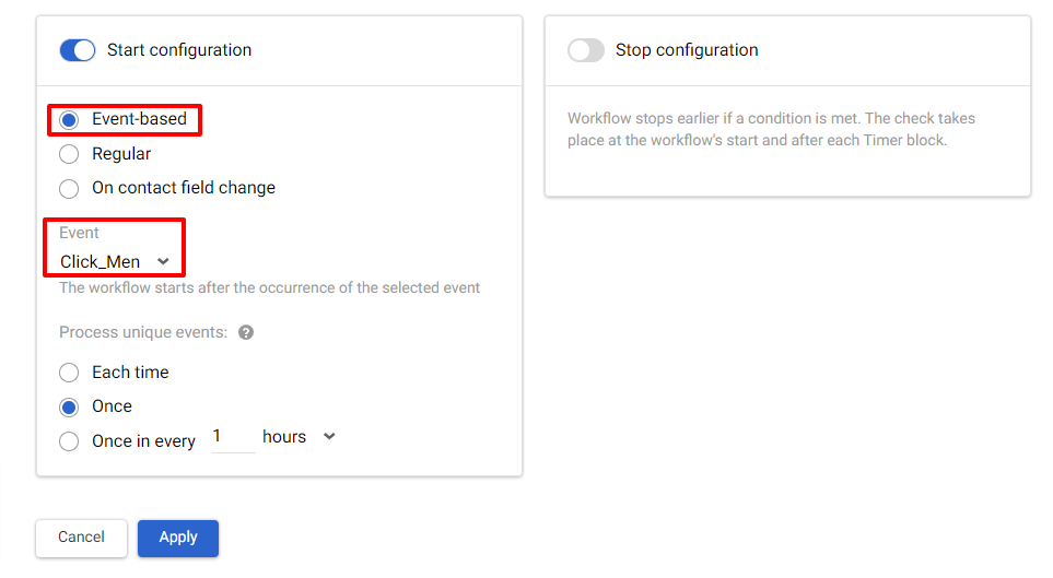 Workflow start configuration