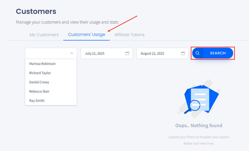 Screenshot of the Customers' Usage tab