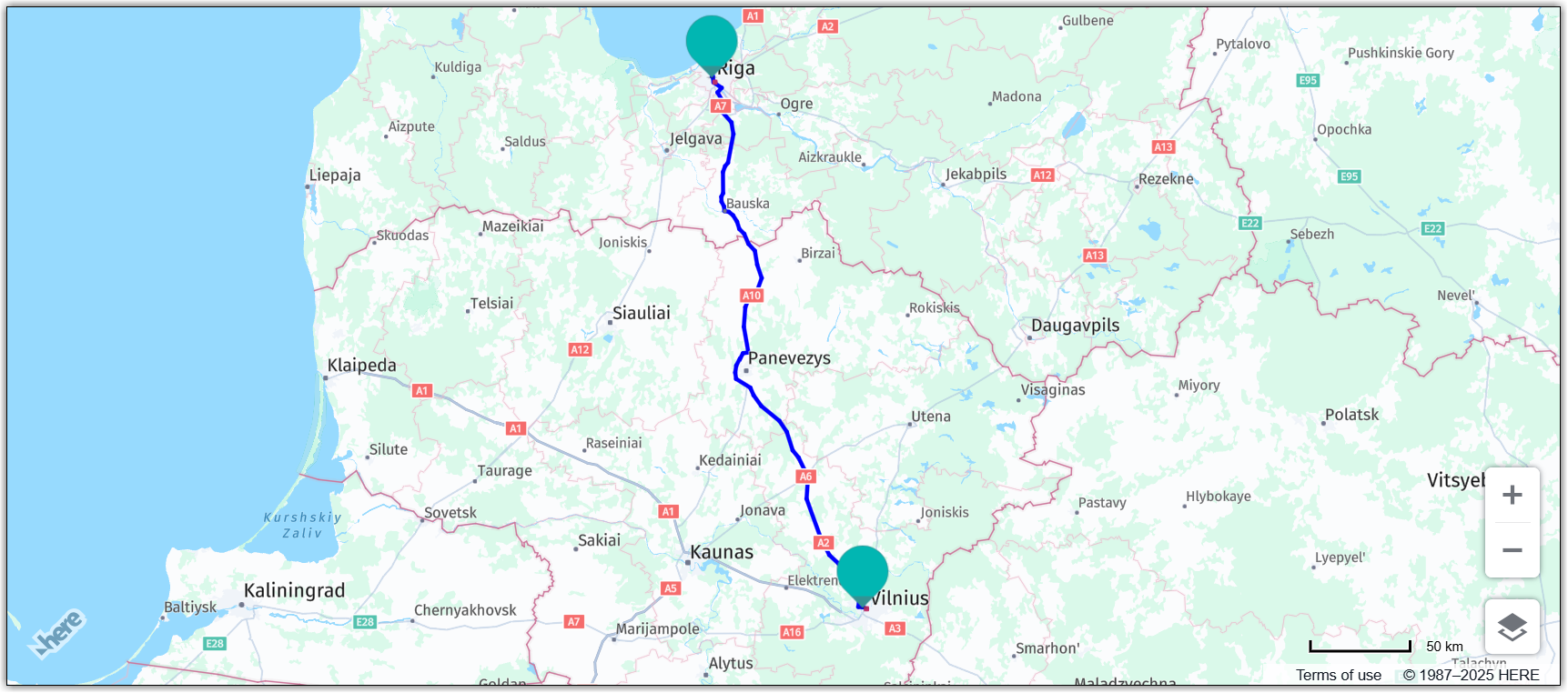 The map after calculating the route