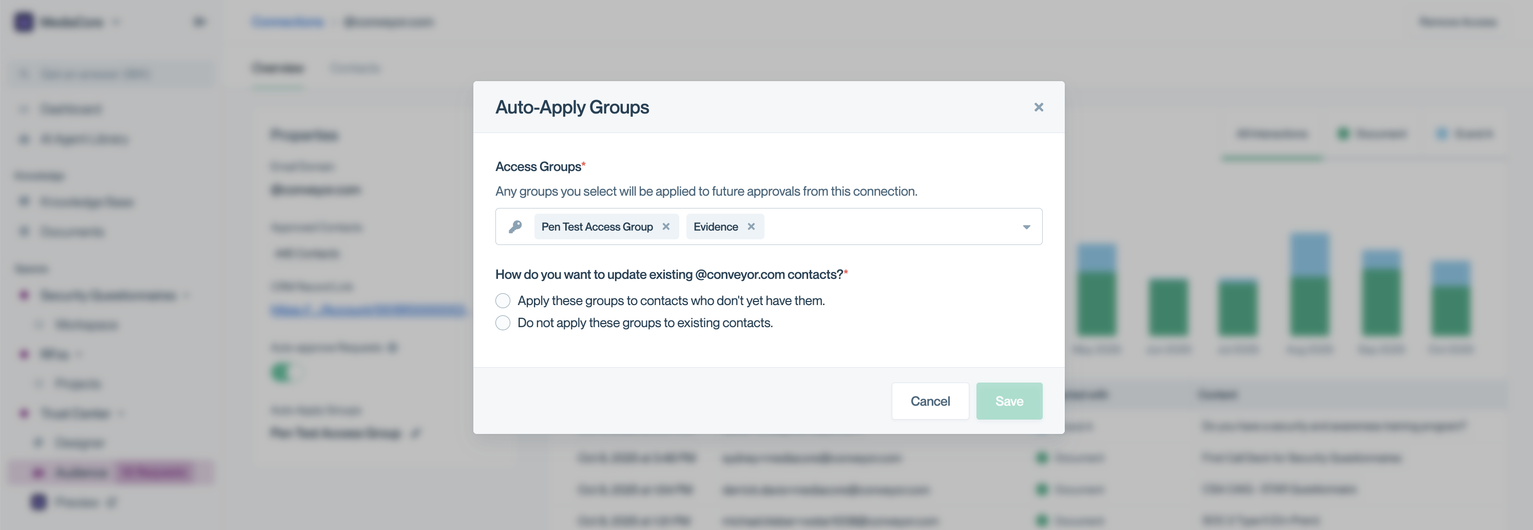 Domain-level settings in Conveyor where default access groups are configured for a customer’s domain.