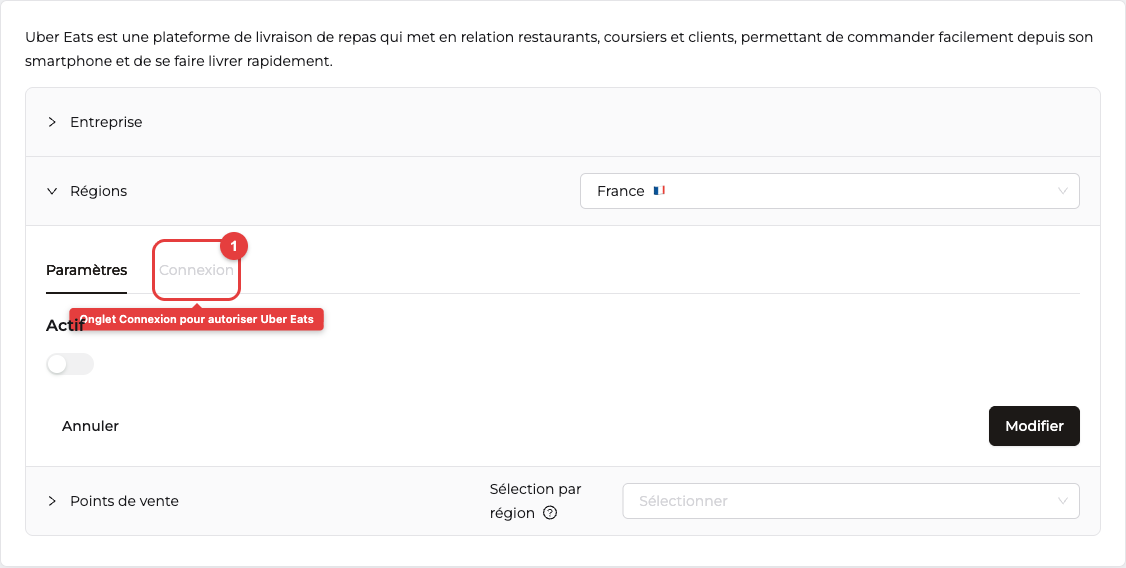 Onglet Connexion au niveau de la région Uber Eats