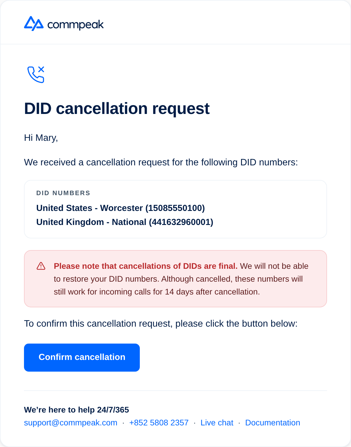 Screenshot of the DID cancellation request email 