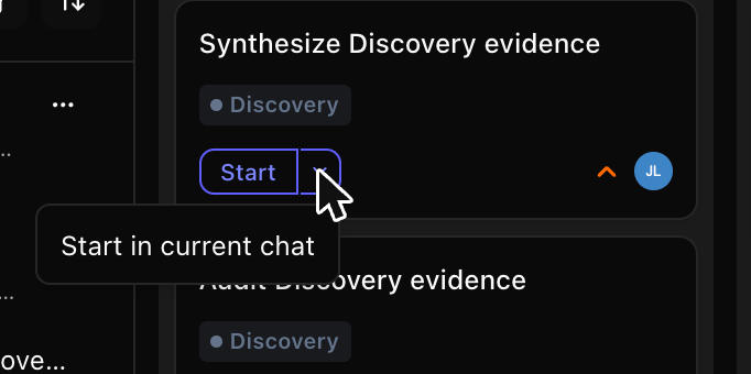 The Start button on a task card, with its Start in current chat option