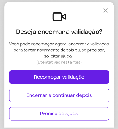 Ao clicar em encerrar e continuar depois, o cliente abandona a jornada e a empresa recebe uma notificação no endpoint cadastrado