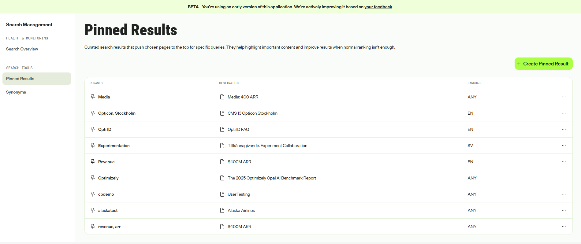 screenshot of pinned results screen