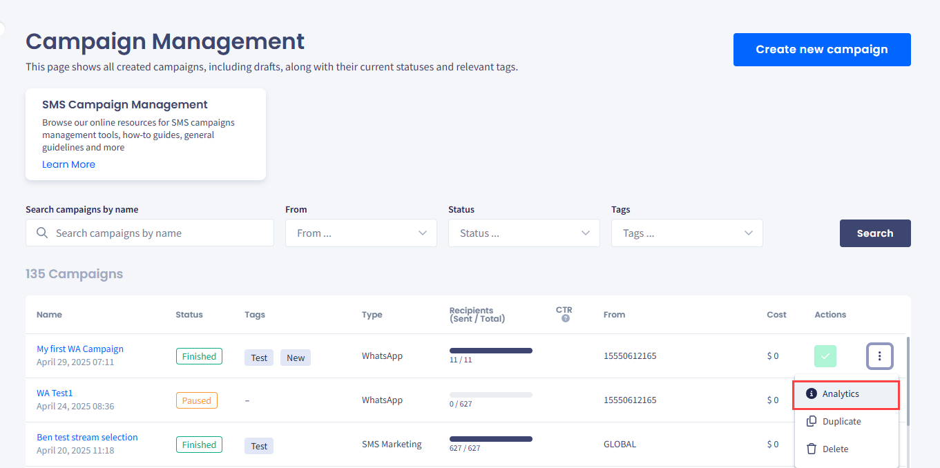 Screenshot of the Campaign Management page