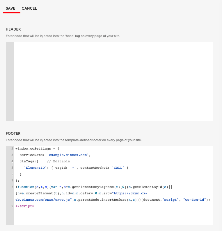 Squarespace > Settings > Advanced > Code Injection - Footer