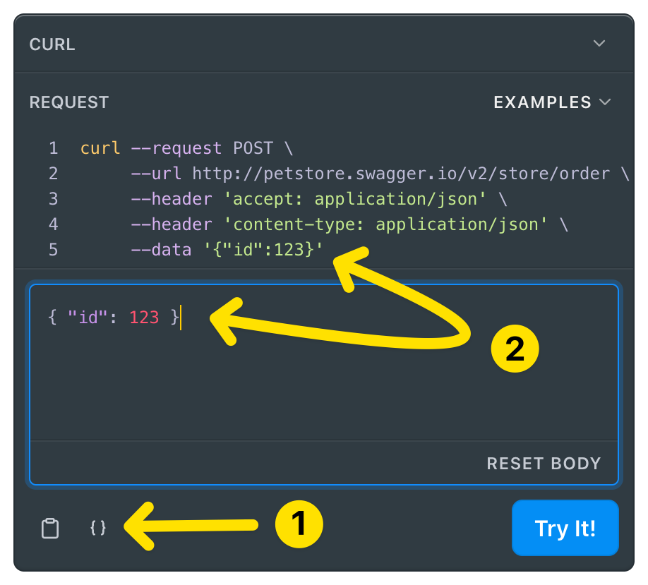 A raw JSON code editor, with "{ "id": 123 }" entered in the editor. The cURL code snippet above includes this JSON as its request body. 