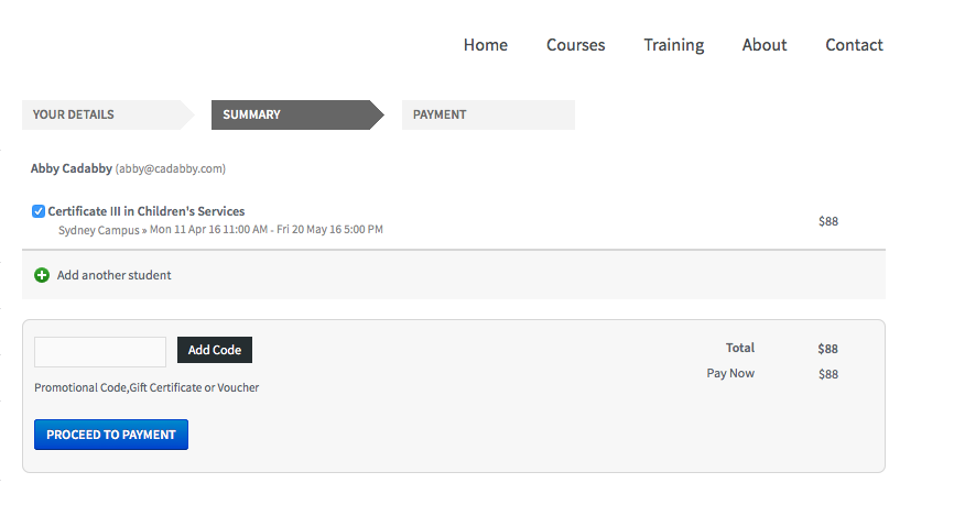 Figure 274. The approved student is charged their override fee of $88 on enrolment,rather than the standard class fee